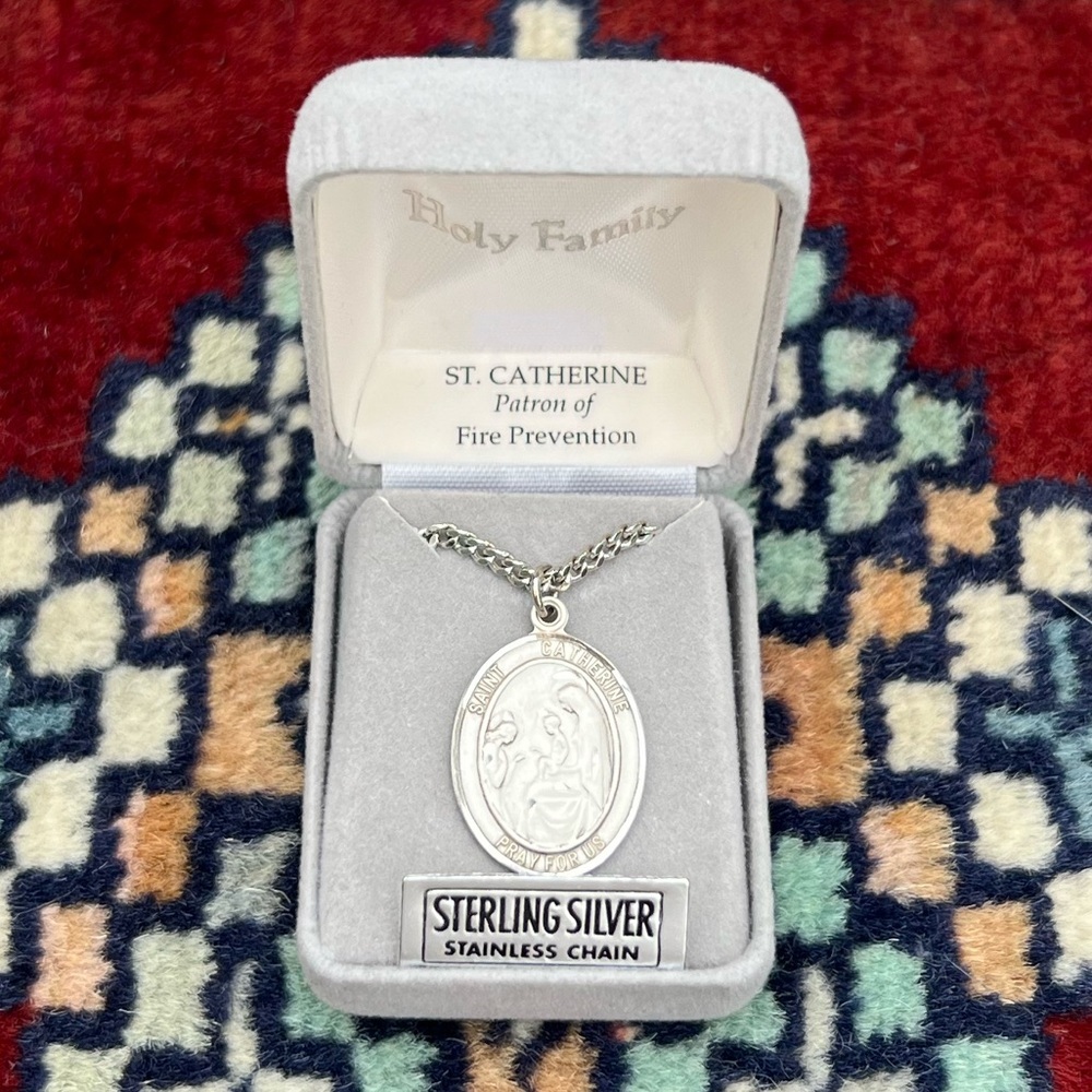 St. Catherine Sterling Silver Patron Saint Religious Medal  18” Stainless Chain